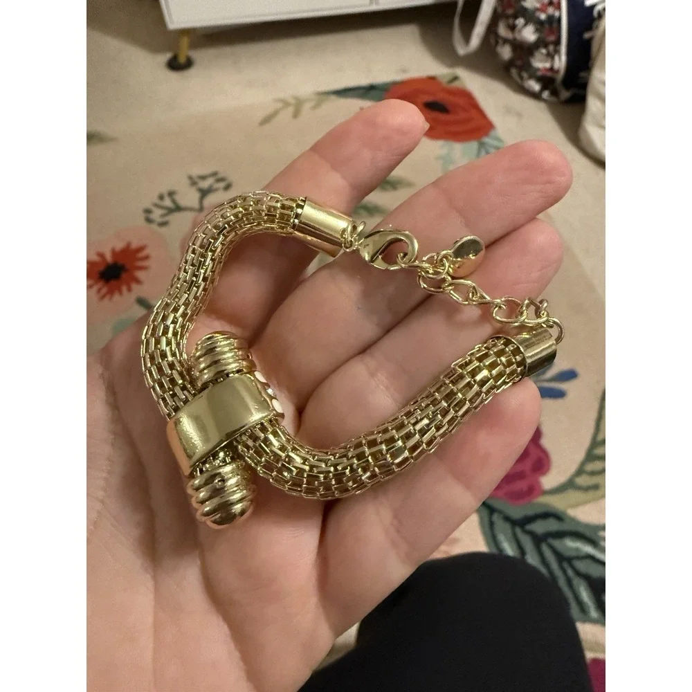 Gold Tone Mesh Knot Bracelet White Enamel Rhinestone Accents Adjustable Signed